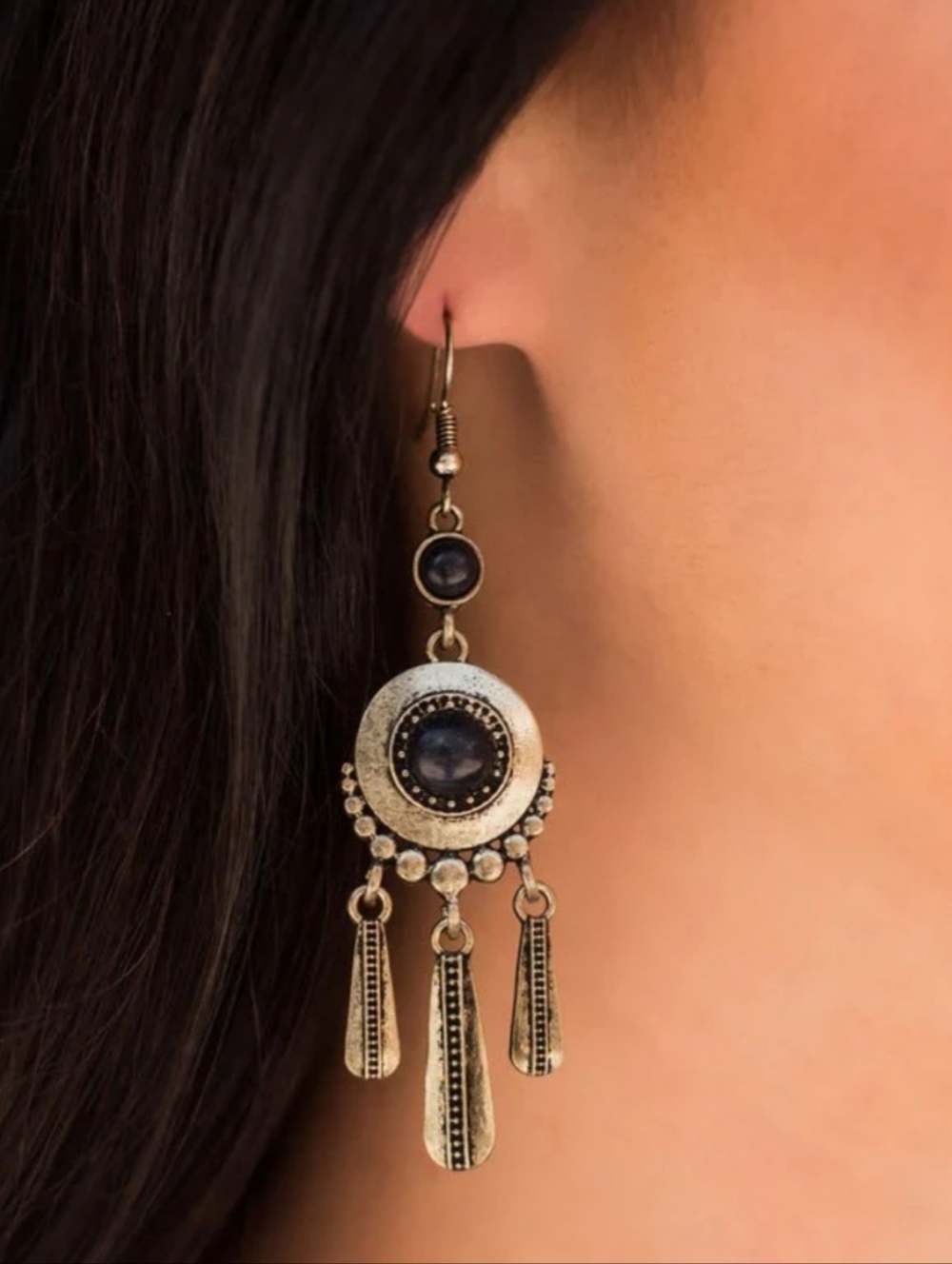Western Earrings Antique Gold & Black Stone Southwestern Boho Fashion Jewelry